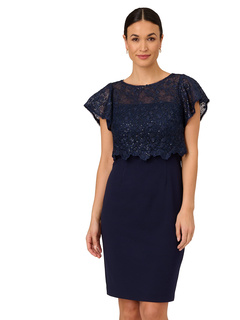 Sequin Guipure Lace Popover Top Sheath Dress Adrianna Papell