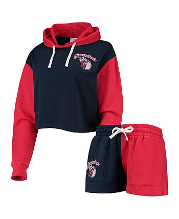 Женский комплект для отдыха: темно-синий, красный, пуловер с капюшоном и шортами Cleveland Guardians в стиле колор-блок FOCO