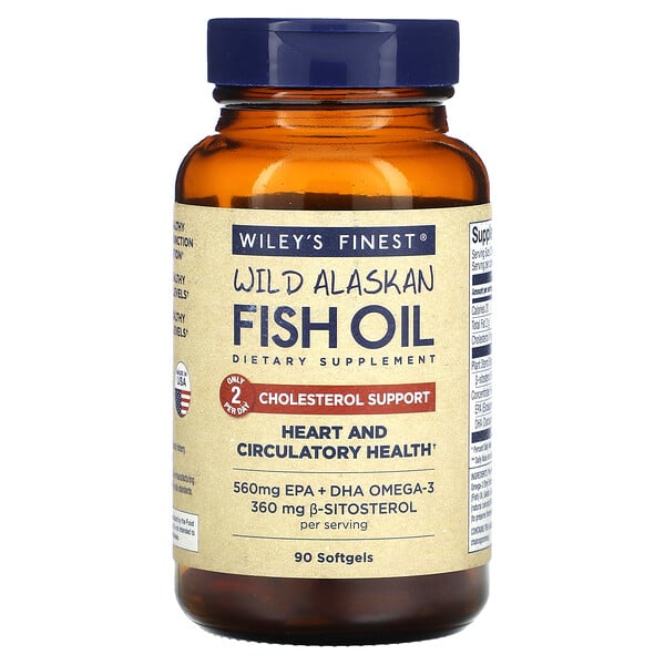 Дикое аляскинское рыбье масло, Поддержка уровня холестерина - 90 капсул - Wiley's Finest Wiley's Finest