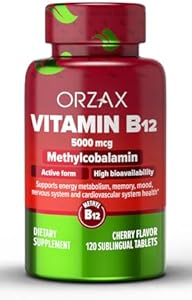 ORZAX Vitamin B12 5000 mcg Methylcobalamin for Memory, Mood, Cardiovascular and Energy Supplement - Cherry Flavored - 120 Sublingual Tablets Orzax