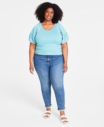 Trendy Plus Size Scoop-Neck Puff-Sleeve Top, Created for Macy's On 34th