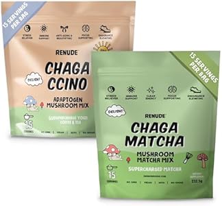 Renude Chagaccino - Chaga Mushroom Powder (Порошок), Mushroom Coffee Drink Mix with Adaptogens, Natural Energy and Immune Support, Vegan, Keto, Zero Calorie Mushroom Blend Powder - 10 Servings (Порции) Renude