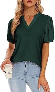 bpbtti Womens Pleated Puff Long and Short Sleeve Tops V Neck T Shirts Dressy Casual Bpbtti