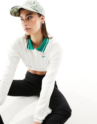 Укороченная бело-зеленая футболка-поло с длинными рукавами Nike Nike
