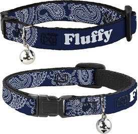 Buckle-Down Personalized Breakaway Cat Collar with Bell, Paisley Blue & White Buckle-Down