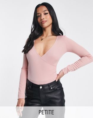 Flounce London Petite wrap ribbed body in blush Flounce London Petite