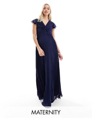 TFNC Maternity Bridesmaid chiffon maxi dress with flutter sleeve and pleated skirt in navy TFNC