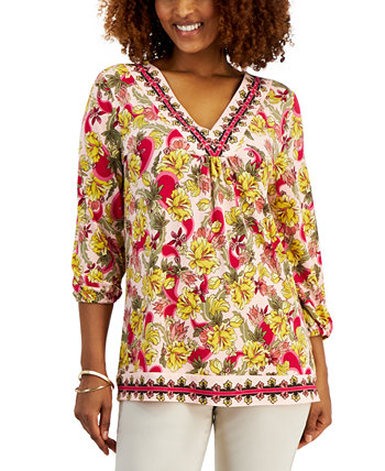 Petite Floral V Neck 3/4-Sleeve Top, Created for Macy's J&M Collection