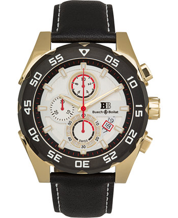 Torrent Мужские часы с хронографом, черный кожаный ремешок, серебряный циферблат, 44 мм Buech & Boilat