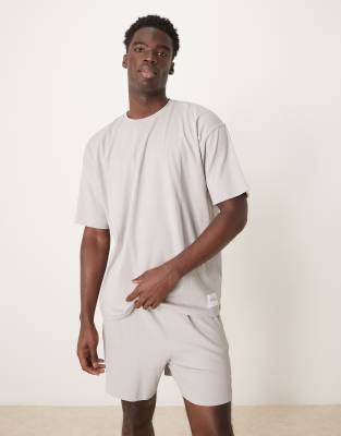 ASOS DESIGN ribbed T-shirt and shorts lounge set with embroidered patch in gray Asos Design