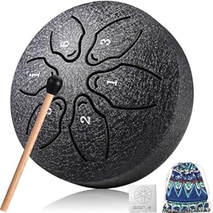 Facmogu Steel Tongue Drum, 6 Notes 3 Inches Rain Drum for Outside, Mini Rain Chime Drum with Bag, Music Book, Drumsticks, Waterlogging Rain Drum for Outside when It Rains - Black (Bowling Pattern) Facmogu