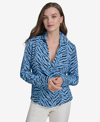 Women's Printed Faux-Wrap Collared Blouse Halston