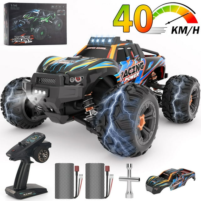 Yexmas Fast RC Cars for Adults 40+KM/H All Terrain High-Speed Remote Control Car,4WD 1:14 Scale RC Truck with 70 Min Runtime, 2 Batteries Gifts Toys for Kids Orange&Blue Yexmas