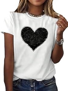 SweatyRocks Women's Heart Print Glitter Sequin T Shirts Casual Round Neck Short Sleeve Tee Tops SweatyRocks