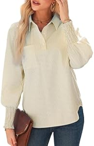 Astylish Women Smocked Cuffed Striped Henley Shirts Long Sleeve Shirred Trendy Teacher Blouse Tops with Pocket Astylish