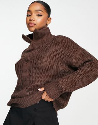 QED London quarter zip cable knit sweater in chocolate brown QED London