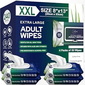 Adult Wipes For Elderly - 8"x13" 240ct (4 Packs of 60) Huge & Super Soft Body Wipes for Adults Bathing No-Rinse - Thick Incontinence Disposable Washcloths, Vitamin E & Aloe Infused Shower Wipes. OPTEEL