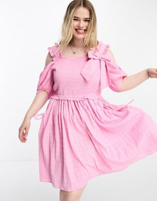 Розовое фактурное мини-платье с бантом Neon Rose Plus Neon Rose