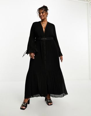 Черное платье миди с плиссированными рукавами и поясом ASOS DESIGN Curve ASOS Curve