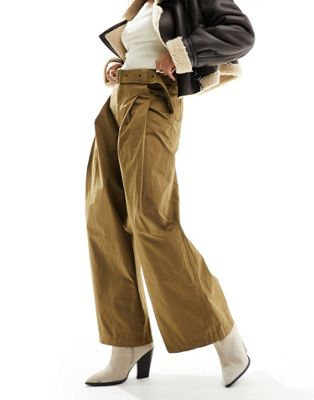 Коричневые брюки цвета хаки с широкими брюками и поясом Urban Revivo Urban Revivo