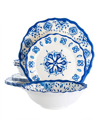 Набор легкой меламиновой посуды Blue Flower, 12 предметов с зубчатыми краями, набор из 4 предметов Elama