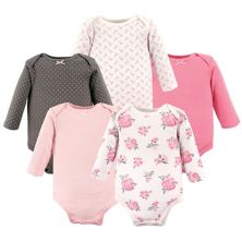 Hudson Baby Infant Girl Cotton Long-Sleeve Bodysuits 5pk, Basic Pink Floral Hudson Baby