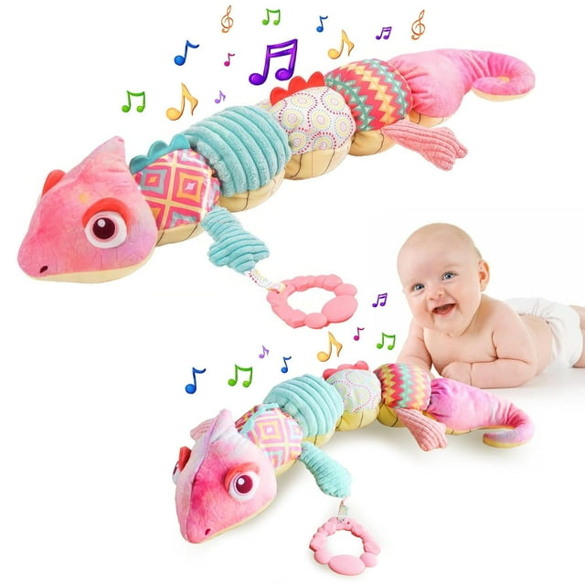 HANMUN Baby Toys 0-6 to 12 Months, Musical Infant  with Multi-Sensory Crinkle, Rattle and Textures, Soft Stuffed Animal Newborn  for 0-3-6-12 Month Old Baby Girls, Chameleon, Pink HANMUN