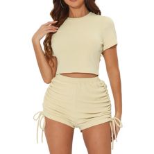 2 Piece Outfits For Women's Short Sleeve Top With High Waisted Drawstring Shorts Sets ALLEGRA K
