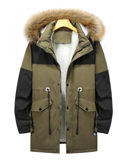 для мужчины Зимнее пальто контрастный на кулиске с капюшоном на плюшевой подкладке SHEIN