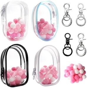 4PCS 3 Shapes Clear Figure Display Bag Keychain for Sonny Doll with 25P Random Colored Decorative Hairballs, 4 Colors Transparent Small Doll Bag for Showing Off Blind Boxes, Mini Figures Pletpet