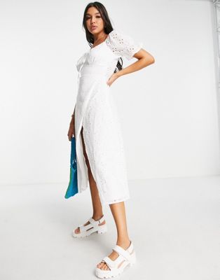 Белое платье миди с пышными рукавами и разрезом на бедрах In The Style x Billie Faiers In The Style