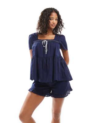 Cotton On short sleeve prairie sleep set in navy coconut milk Cotton On