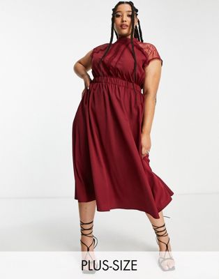 Бордовое платье миди А-силуэта с кружевной отделкой Liquorish Curve Liquorish Plus