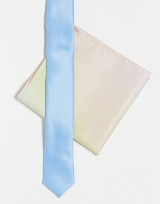 Синий узкий галстук ASOS DESIGN с нагрудным платком с радужным эффектом омбре ASOS DESIGN