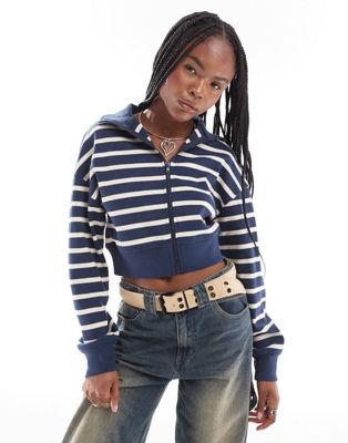 ASOS DESIGN striped crop zip up sweatshirt in navy ASOS DESIGN