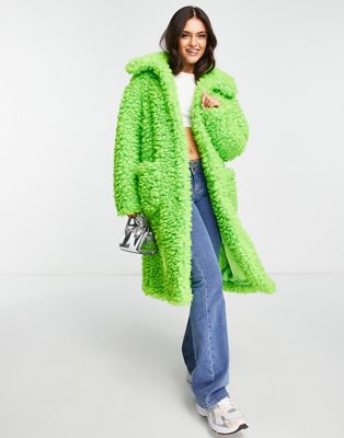 Ярко-зеленое пышное пальто макси из борга Miss Selfridge Miss Selfridge