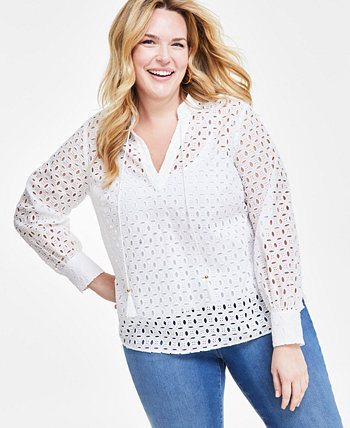 Plus Size Eyelet Tie-Neck Blouse, Created for Macy's I.N.C. International Concepts