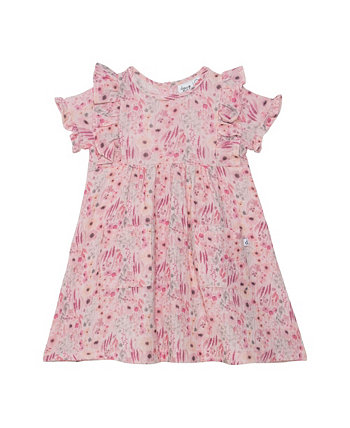 Girl Printed Short Sleeve Dress With Frill Pink Watercolor Flowers - Toddler|Child Deux par Deux