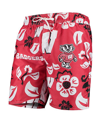 Men's Red Wisconsin Badgers Floral Volley Swim Trunks Wes & Willy