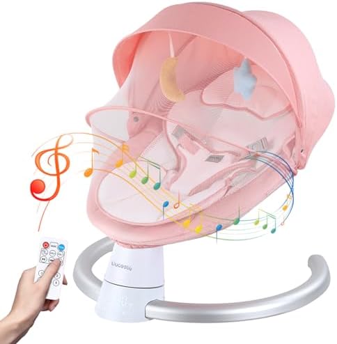 Baby Swing for Infants, Portable Electric Baby Rocker Bluetooth Support with 5 Swing Speed 10 Lullabies, Remote Control/Touch Panel - Infant Swing for Indoor and Outdoor Use, Pink Uuoeebb