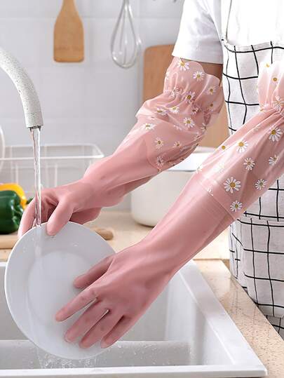 1 пара Перчатки для мытья посуды с принтом маргаритки SHEIN