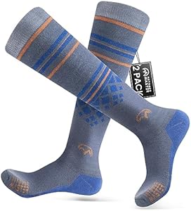 Ski Socks 2-Pack Merino Wool, Over The Calf Non-Slip Cuff for Men & Women OutdoorMaster