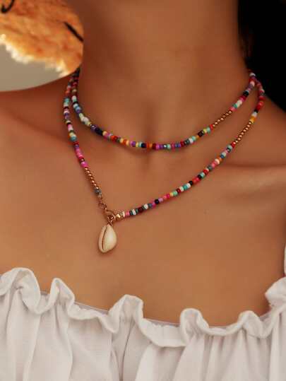 Ожерелье с бисерами и ракушкой SHEIN