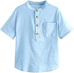 Inorin Boys Button Up Henley Shirt Short Sleeve Lightweight Summer Linen Cotton Dress Shirts Tees Tops with One Pocket Inorin