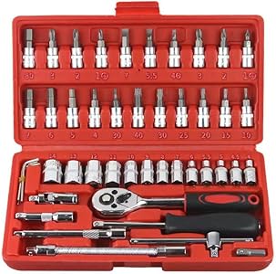 46-Piece 1/4-Inch Socket Set with Quick-Release Ratchet, Screwdriver Kit, Extension for Manual Use on Automobiles&Trucks with Storage Case Hyhenlil