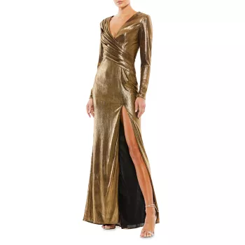 Асимметричное платье цвета металлик с длинными рукавами и рюшами MAC DUGGAL
