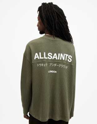 AllSaints Crypt Underground waffle long sleeve T-shirt in green AllSaints