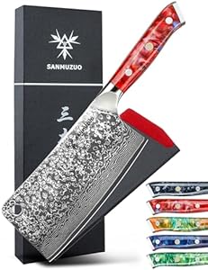 Chopping Knife - 7 inch Cleaver Knife- Xuan Series - VG10 Damascus Steel Kitchen Knife - Resin Handle (Fantasy Orange) SANMUZUO