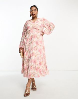Розовое плиссированное платье миди с v-образным вырезом Ever New Curve Ever New