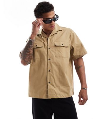 Selected Homme boxy oversized camp collar shirt with double pockets in beige Selected